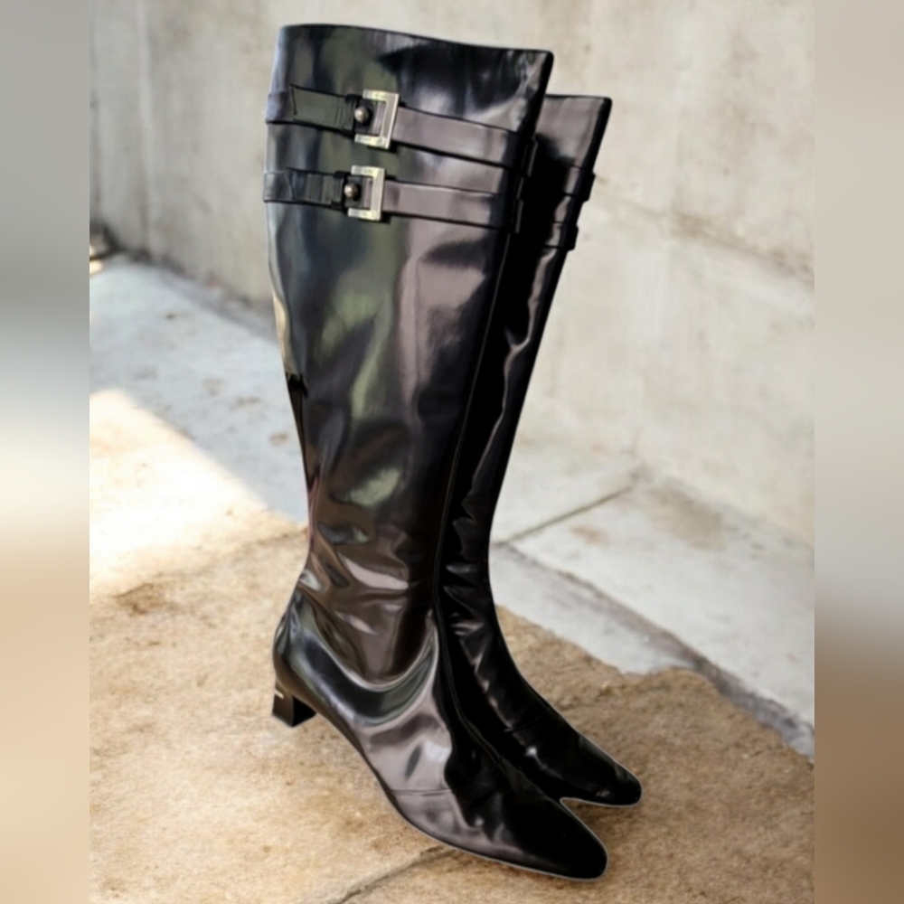 Louis Vuitton Black Patent Knee-High Heeled Boots with Buckle Straps